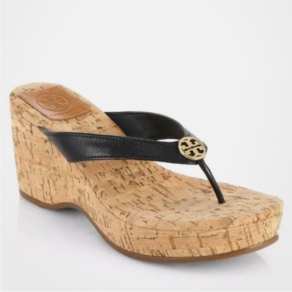 Tory Burch Black and Tan Wedge Sandals